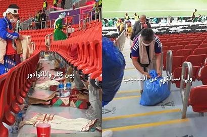 日本球迷賽後在球場收拾垃圾