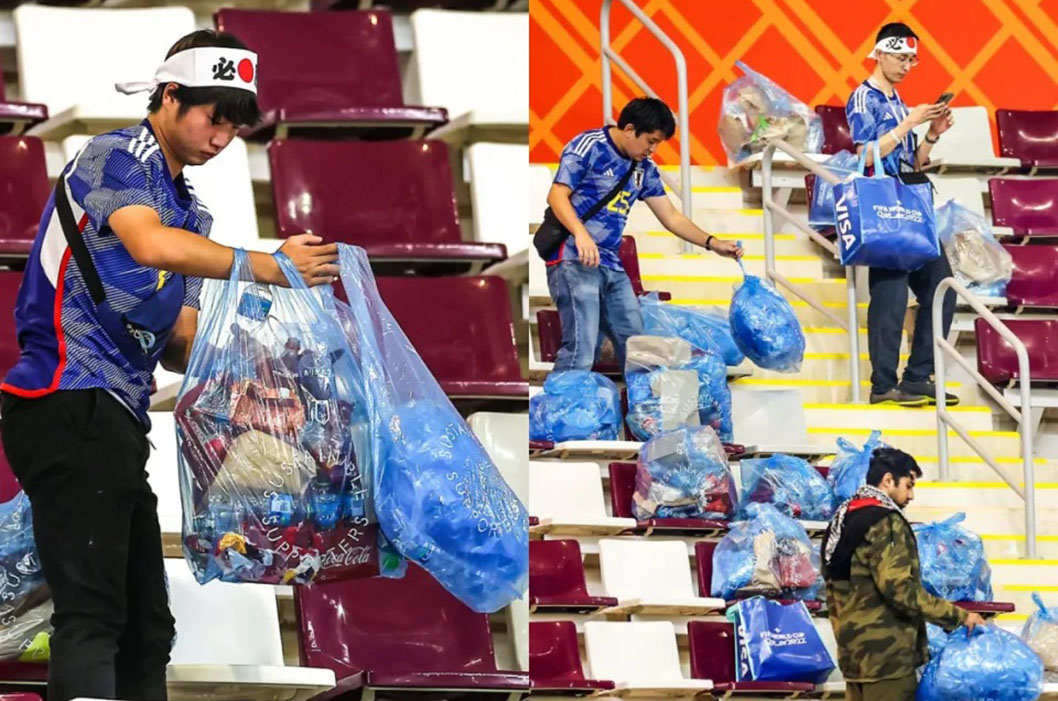 日本球迷賽後在球場收拾垃圾